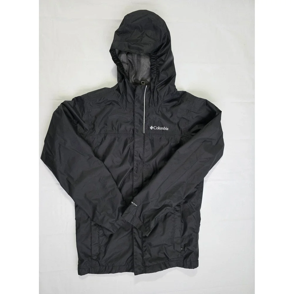Columbia Omni-Tech Rain Jacket Black Hooded Waterproof Shell Boys Medium 10/12